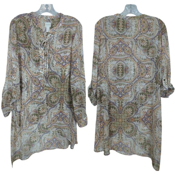 Chico's Paisley long tab sleeve asymmetrical orange‎ green cream tunic sz 1 sz 8 - Picture 11 of 16